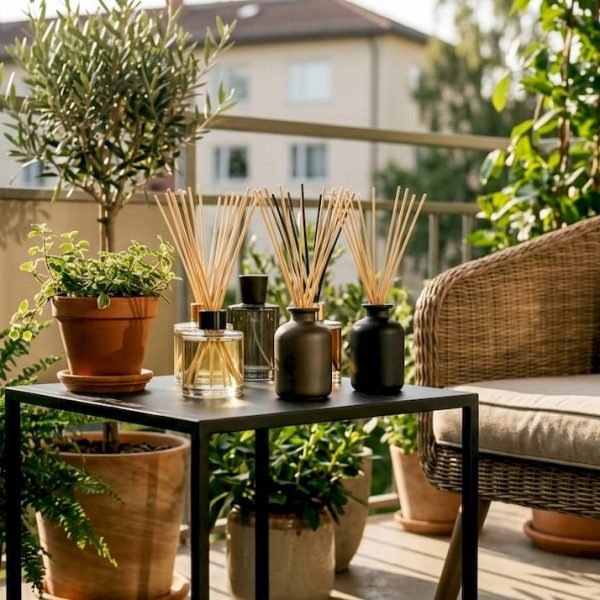 Luxury reed diffusers on wooden side table
