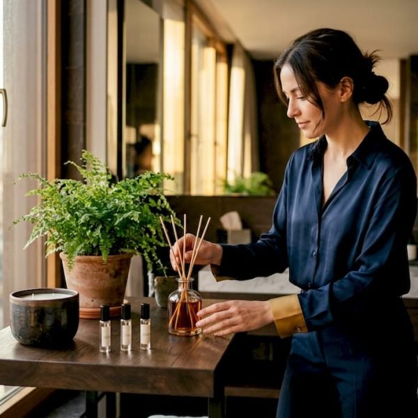 Woman placing reed diffuser in bathroom