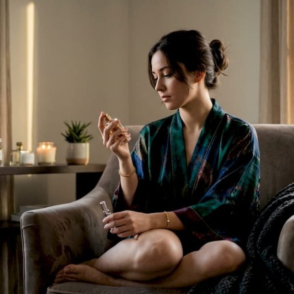 Woman applying layered perfumes at vanity