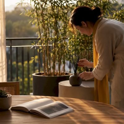 Person adjusting minimalist diffuser in living room