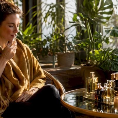 Woman inhaling fragrance in cozy room