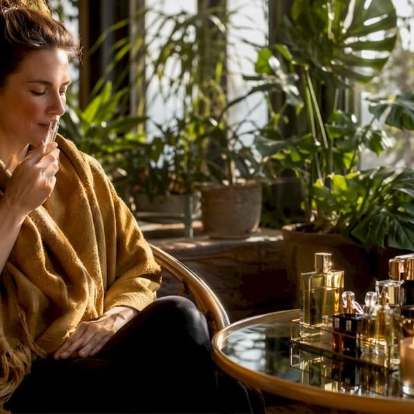 Woman inhaling fragrance in cozy room