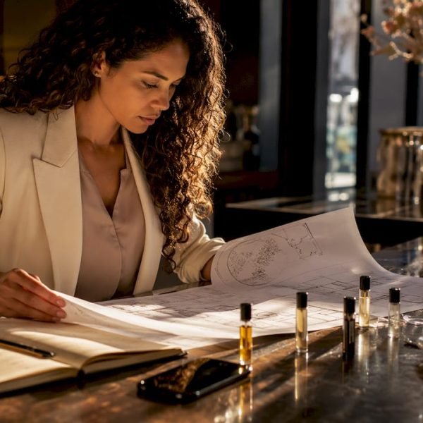 Event planner reviewing fragrance timeline and samples