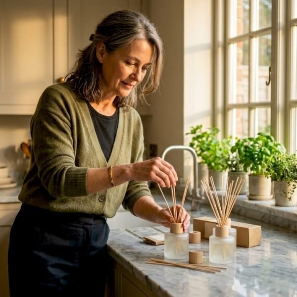 Woman arranging reed diffusers in home interior